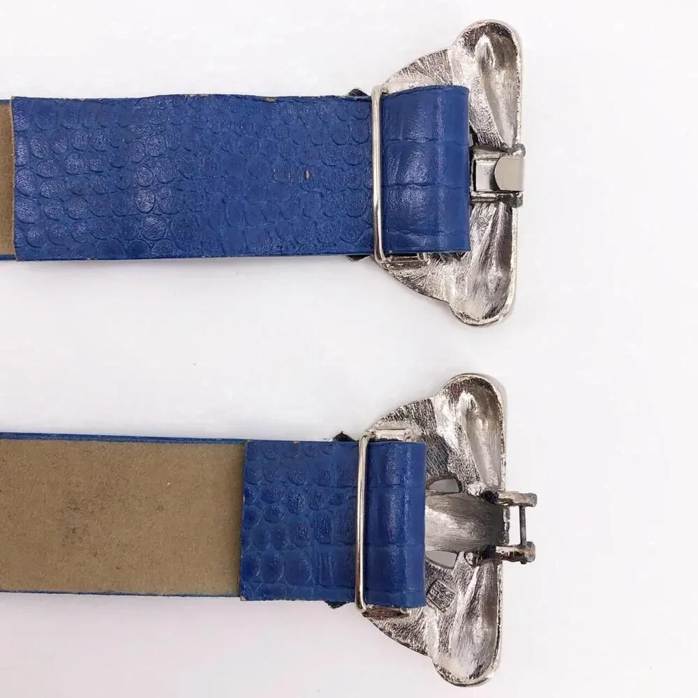 80s Mimi two piece buckle silver & blue belt 1980s vintage
